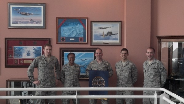 New chapter officers at the inaugural meeting in June are (l-r) 1st Lt. Dan Shockley, USAF; 1st Lt. Latiria Mayo, USAF; Lt. Col. Albert Franke, USAF; 2nd Lt. Mark Ciaravino, USAF; and Staff Sgt. Peter Krawitz, USAF.
